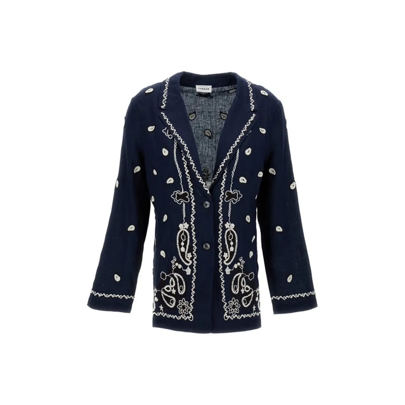 P.A.R.O.S.H. Blazer Embroidered Linen Jacket With Classic Lapels Blue
