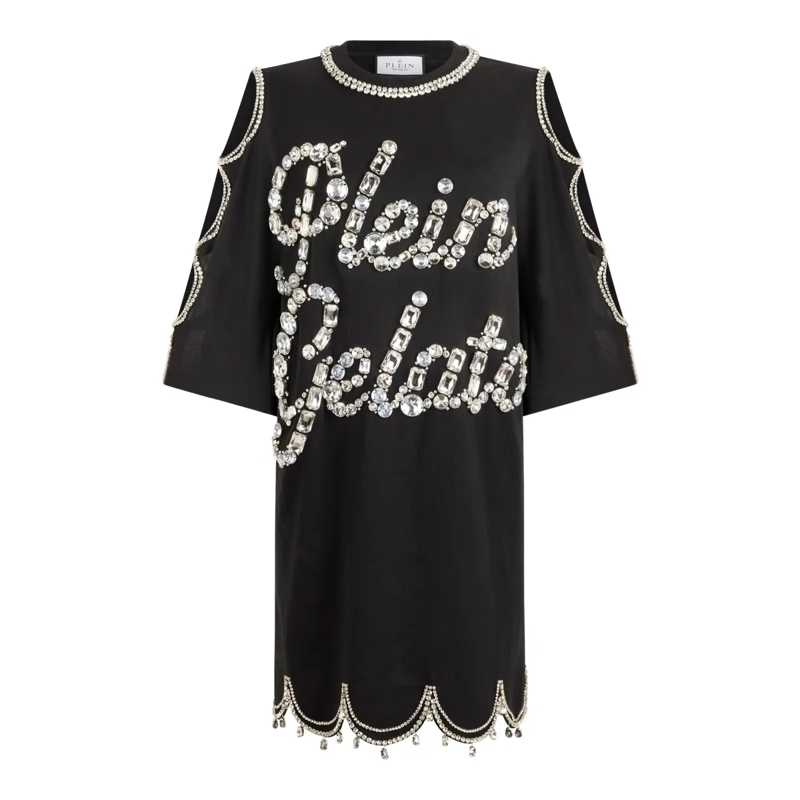 Philipp Plein Midikleid Mini T-Shirt Dress Crystal Waves schwarz