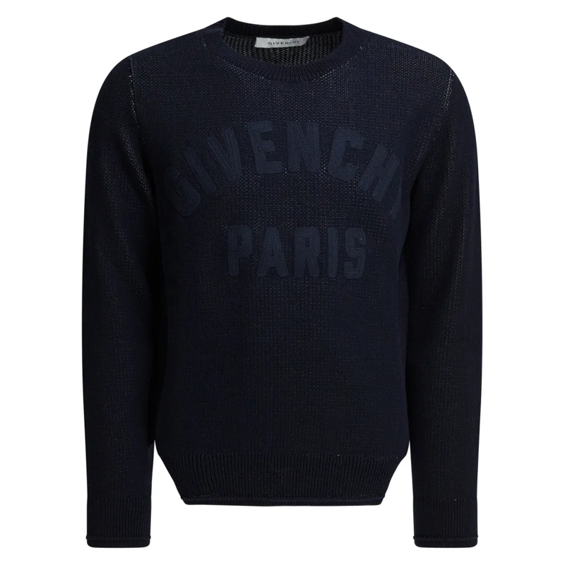 Givenchy Trui Embroidered Logo Black Sweater With Ribbed Details Blue