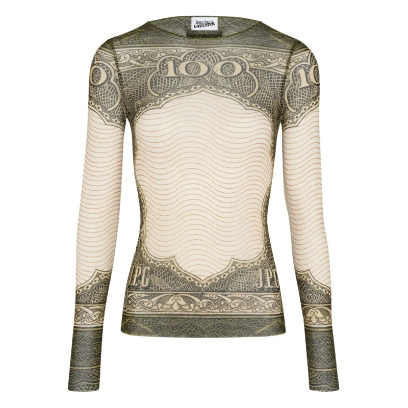 Jean Paul Gaultier Langärmeliges Oberteil Long-Sleeved Sheer Top With Vintage Currency Print Multicolor