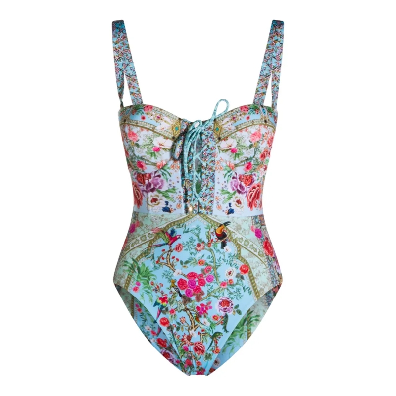 Camilla  Blue Maxi Dress With Intricate Patterns And Layere Blue