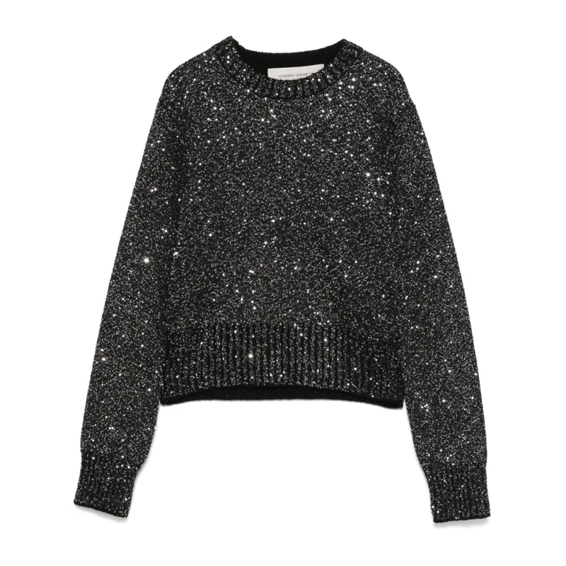 Golden Goose Pullover Cropped Black Sweater With Sparkling Finish Black
