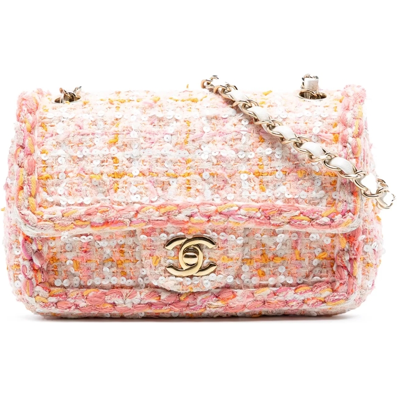 Chanel Schultertasche Mini Rectangular Classic Tweed Sequin Braided Sing orange