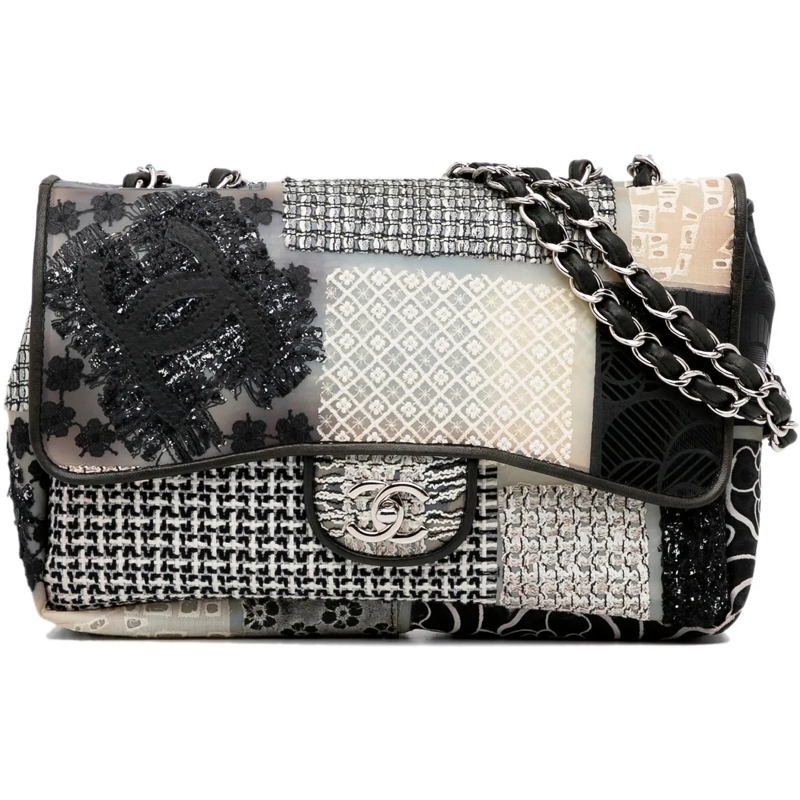 Chanel Schultertasche Jumbo PVC and Tweed Patchwork Single Flap weiß