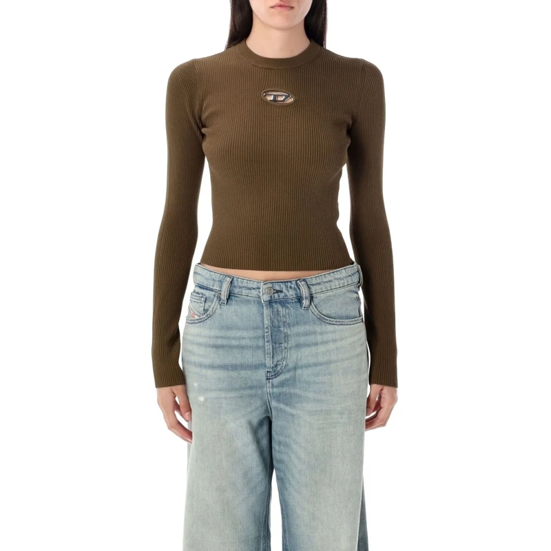 Diesel Langärmeliges Oberteil Ribbed Slim-Fit Top With Cut-Out Plaque Detail Brown