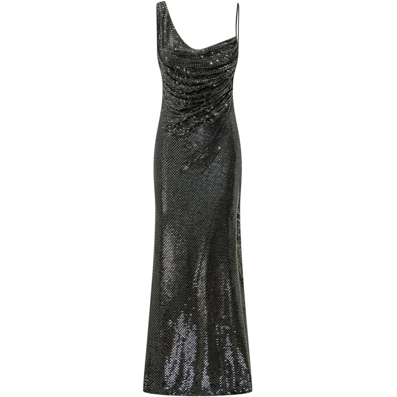 Self Portrait Maxikleid Abito Lungo Drappeggiato con Strass dunkelgrau