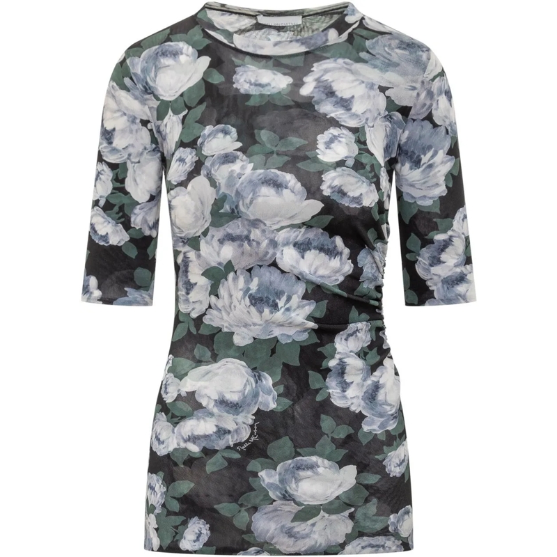Stella McCartney T-shirt Top in Mesh a Fiori a Maniche Corte mehrfarbig