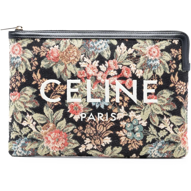 Celine Clutch Small Floral Tapestry Jacquard Calfskin Logo Pouch schwarz