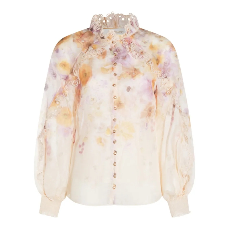 Zimmermann Blouse Floral Linen Top Neutrals