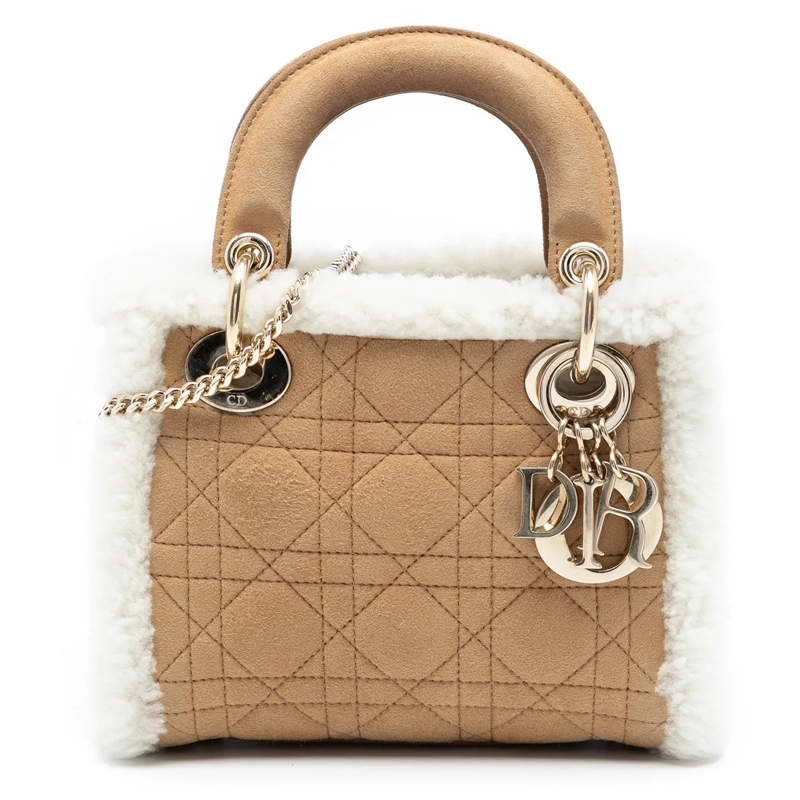 Christian Dior Schultertasche Mini Suede Cannage with Shearling Trim Lady Dior braun
