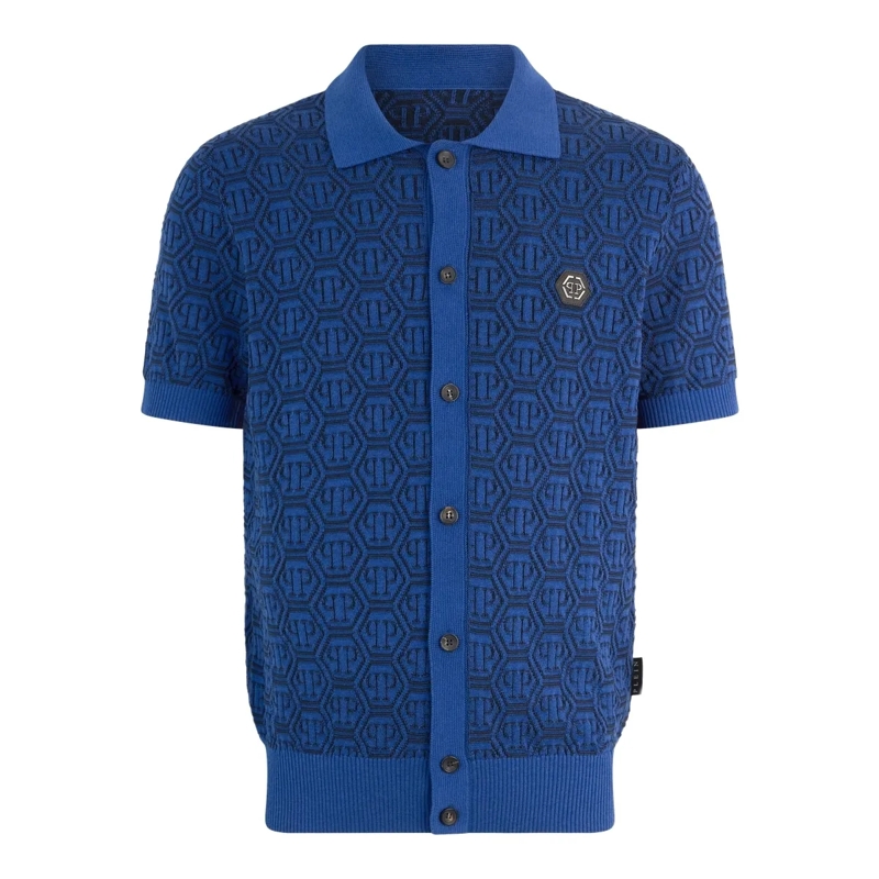 Philipp Plein Top Buttoned-Up Polo Shirt Jacquard Monogram schwarz
