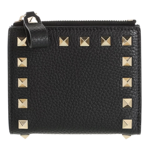 Valentino Garavani Rockstud Flap French Compact Wallet Leather Black Portefeuille à deux volets