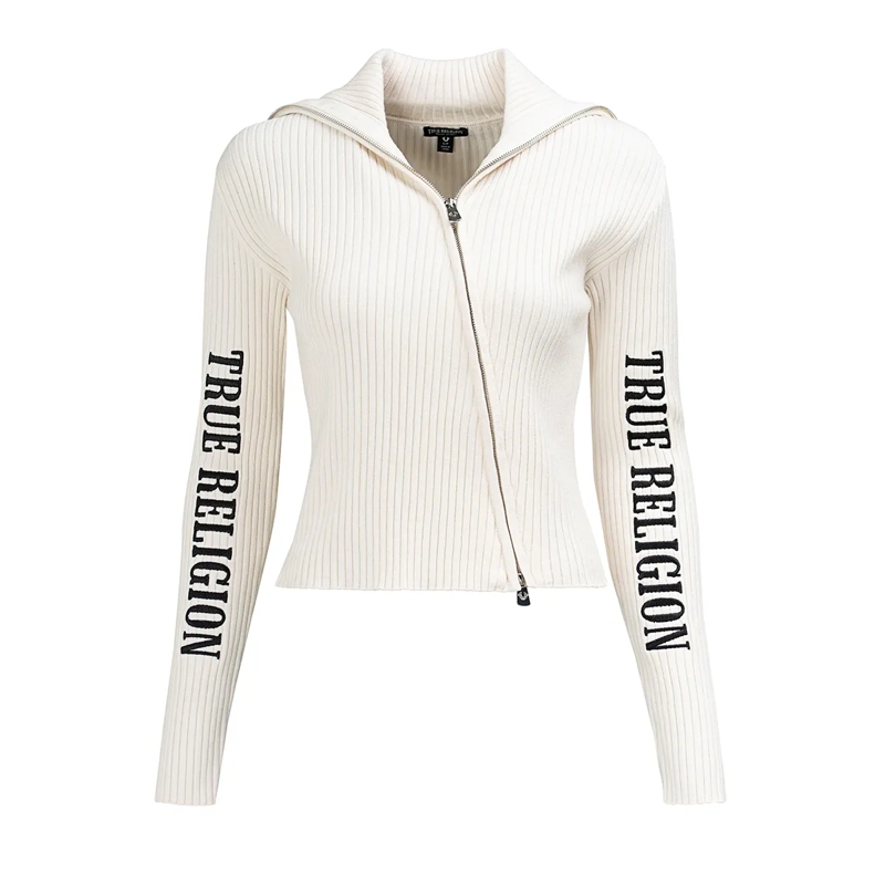 True Religion Strickjacke Sweater ZIP- Langarm- Ripp-Optik- Enganliegend offwhite