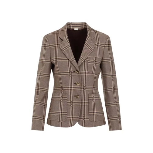 Gucci Horsebit Check Beige Brown Wool Jacket Brown 