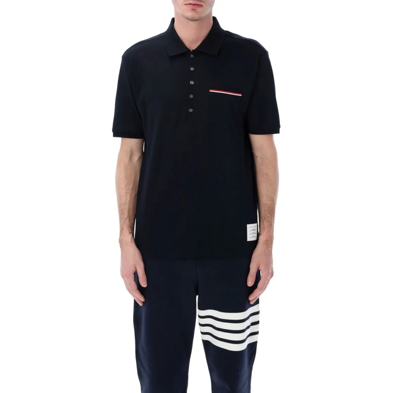 Thom Browne Polo Mercerized Piqué Polo With Tricolor Pocket And Gro Black