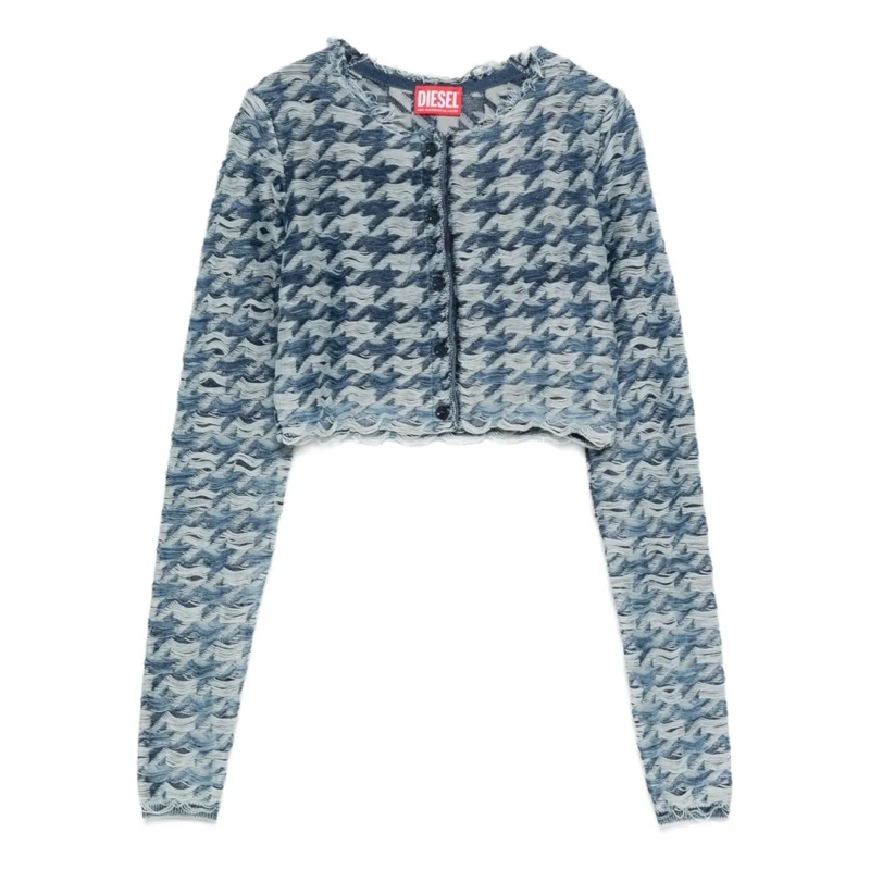 Diesel Langärmeliges Oberteil Cropped Blue Houndstooth Top Grey