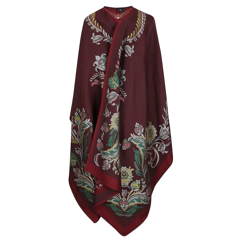 Etro Cape Wool Blend Cape With Intricate Floral Patterns Burgundy
