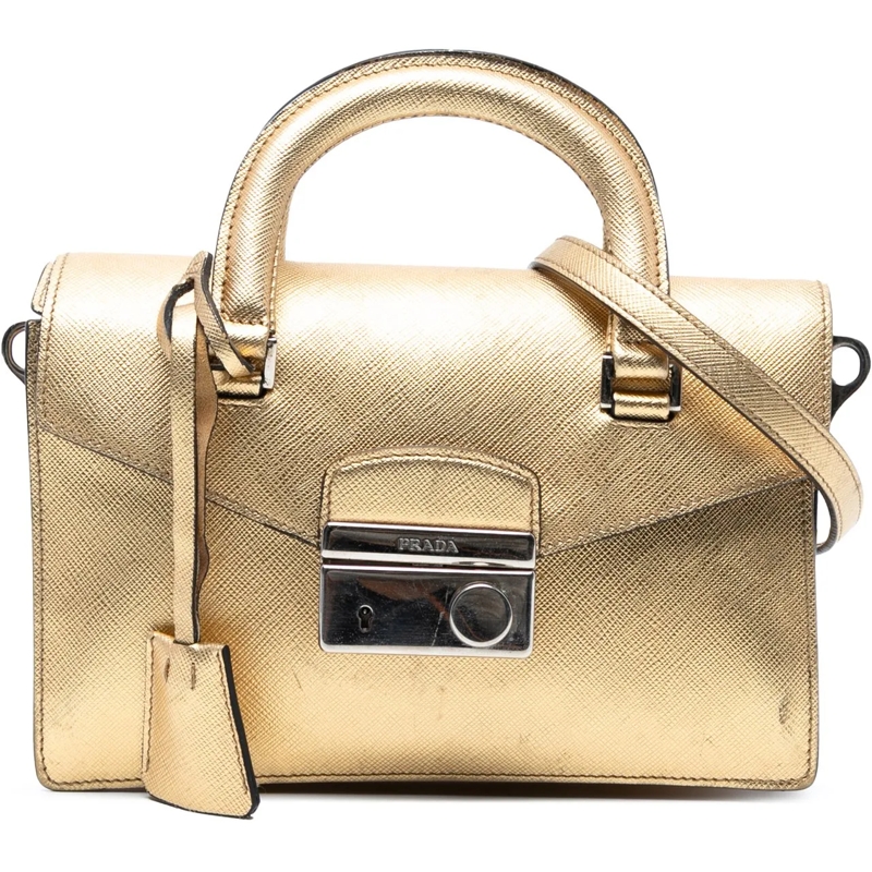 Prada Schultertasche Mini Metallic Saffiano Sound Lock Satchel gold