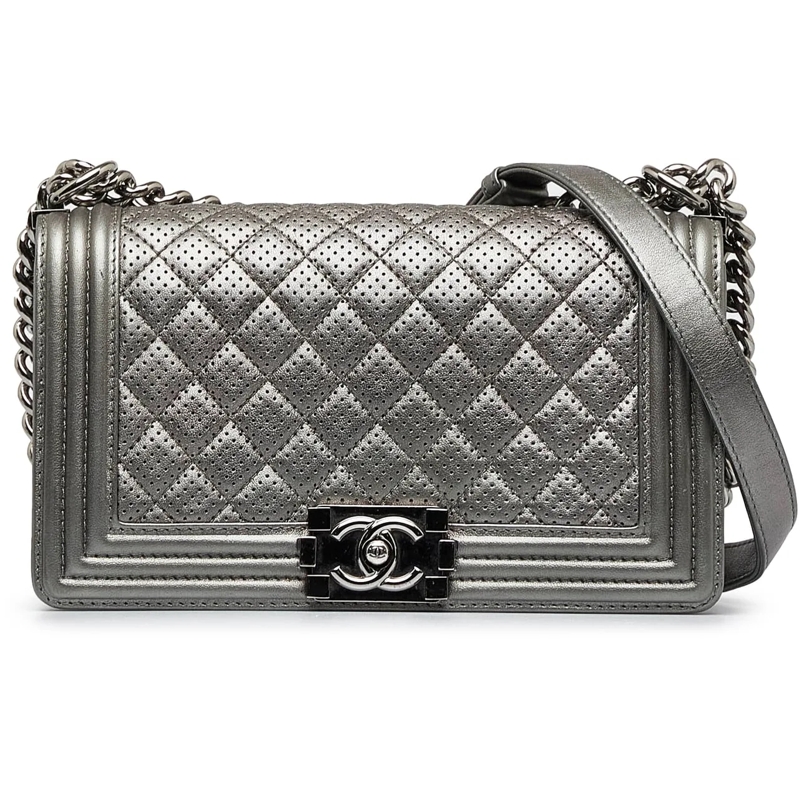 Chanel Schultertasche Old Medium Quilted Perforated Metallic Lambskin Bo grau
