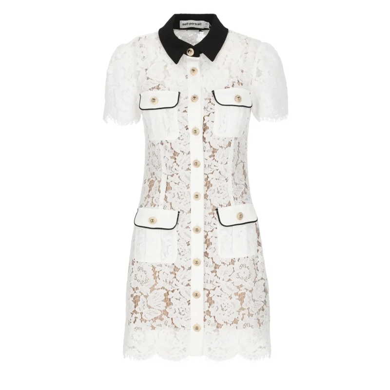Self Portrait Mini-robe Delicate Lace Dress With Structured Pockets White