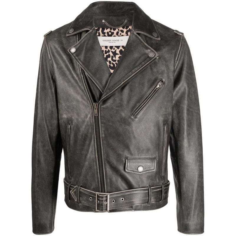 Golden Goose Veste en cuir Golden Chiodo Distressed Bull Leather Jacket Grey