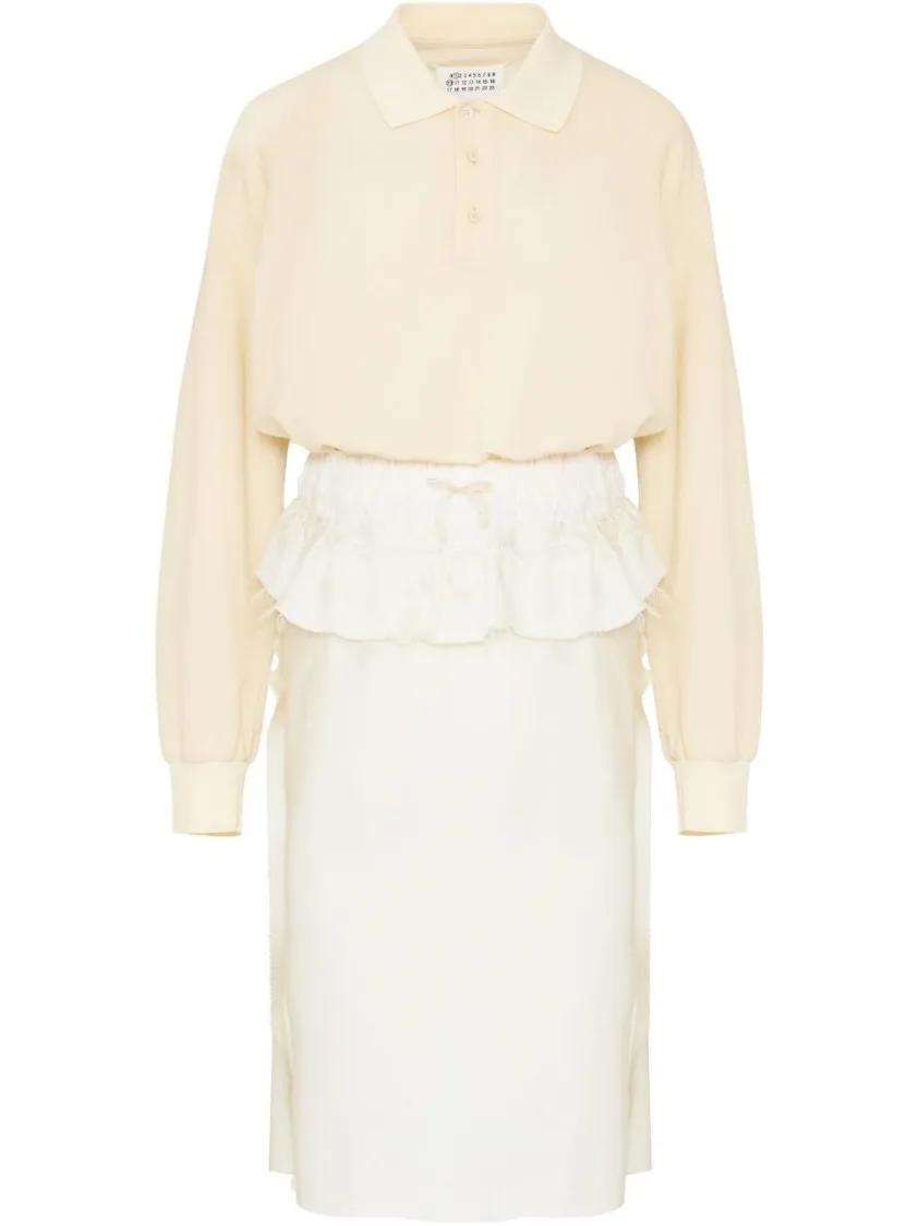 Thumbnail - Maison Margiela - White Midi Dress With Polo Collar And Gathered Wai - Größe 40 - weiß