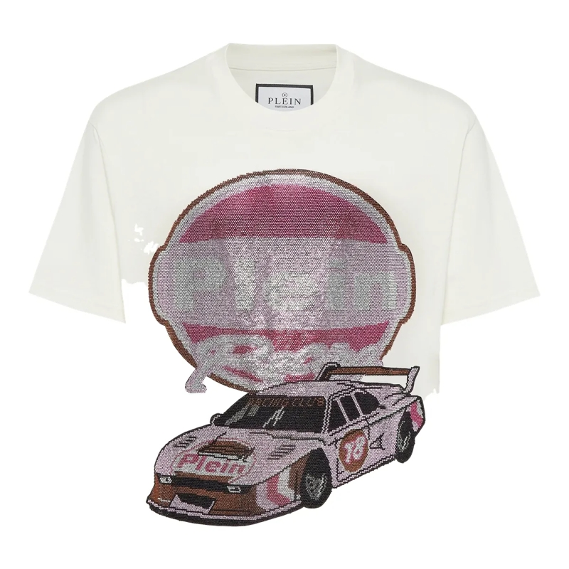 Philipp Plein T-Shirt T-Shirt Racing Mit Schmucksteinen weiss