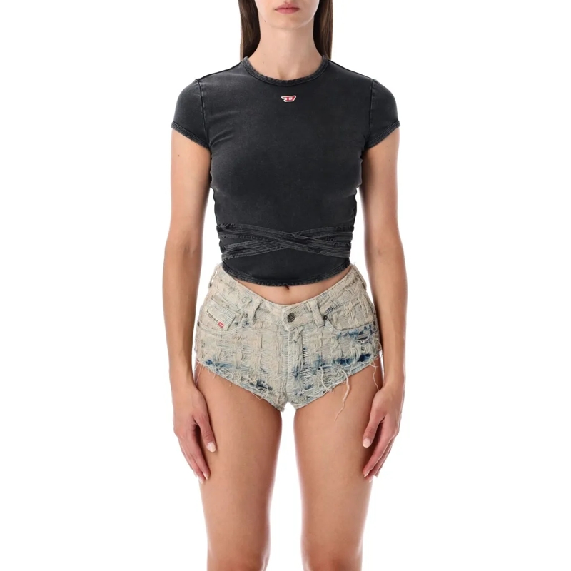 Diesel T-shirt Faded Black Wrap-Tie Jersey T-Shirt Black