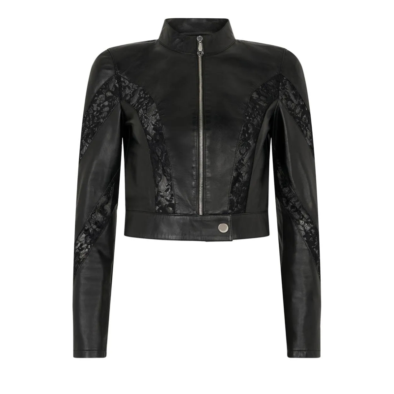 Philipp Plein Lederjacke Fitted Biker Jacket With Lace Inserts schwarz