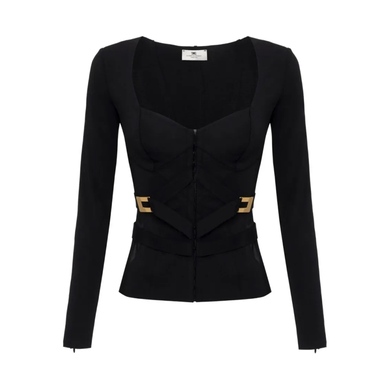 Elisabetta Franchi Veste de transition Cross-Front Paneled Jacket With Sweetheart Necklin Black
