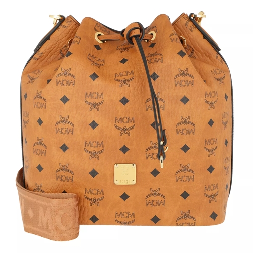 MCM Essential Visetos Original Drawstring Medium Cognac Bucket Bag