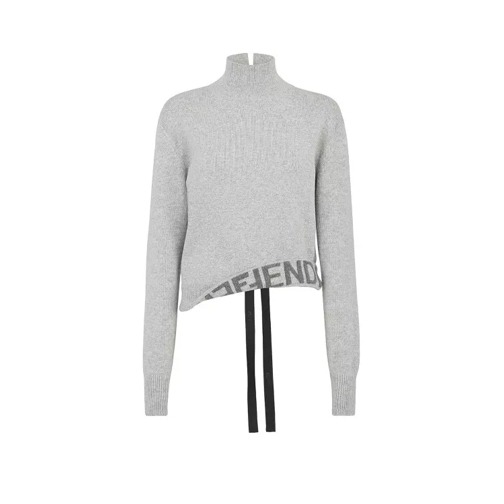 Fendi Wool And Cashmere Sweater With Logoed Ribbons Grey 