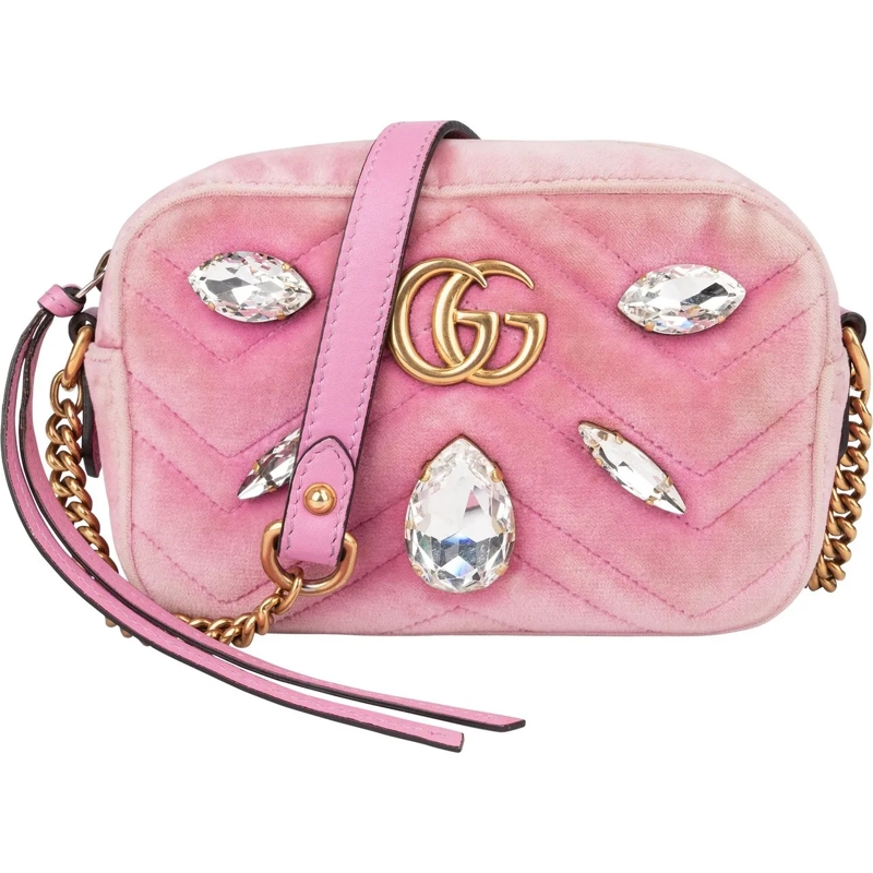 Gucci Schultertasche Gucci Pink Velvet Crystal Marmont Crossbody Bag rose
