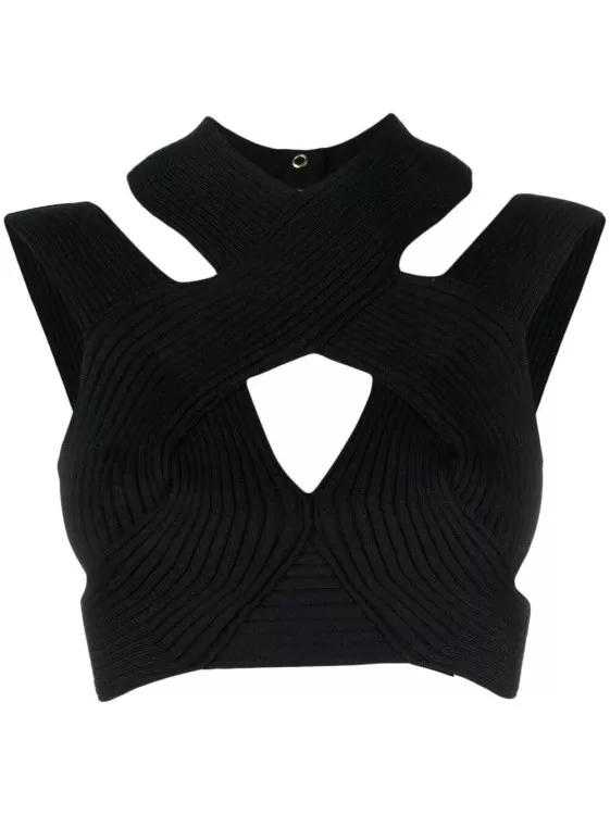 Thumbnail - Balmain - Cut-Out Ribbed Cropped Top - Größe 36 - schwarz