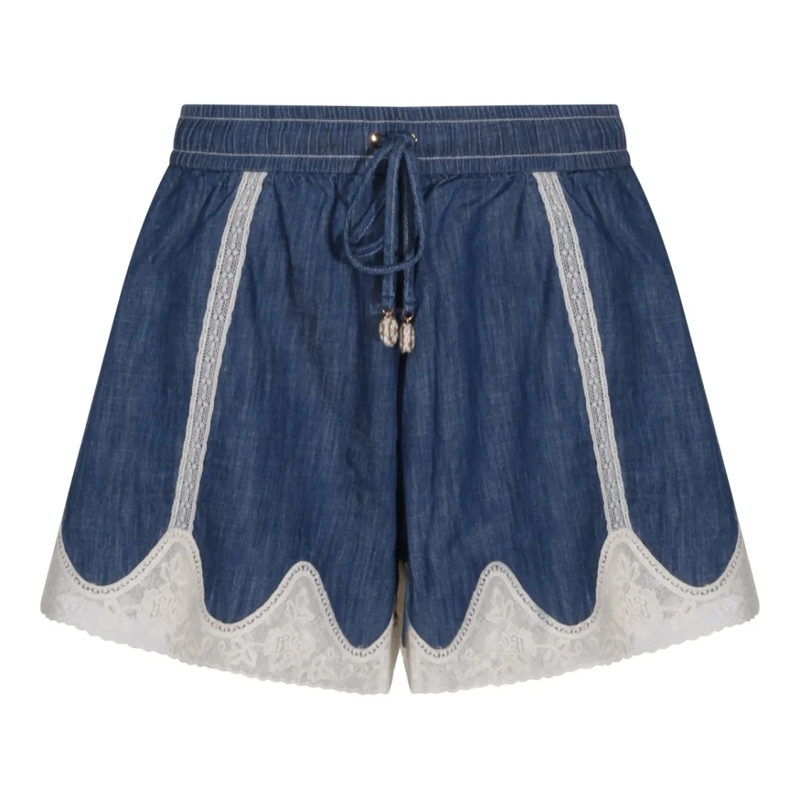Zimmermann Short décontracté Relaxed-Fit Denim-Effect Shorts With Lace Trim Blue
