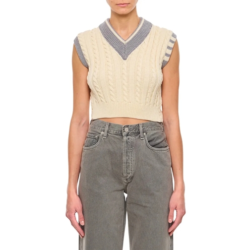 Thom Browne Pullover Classic Baby Cable Stitch Cropped V Neck Pullover Neutrals