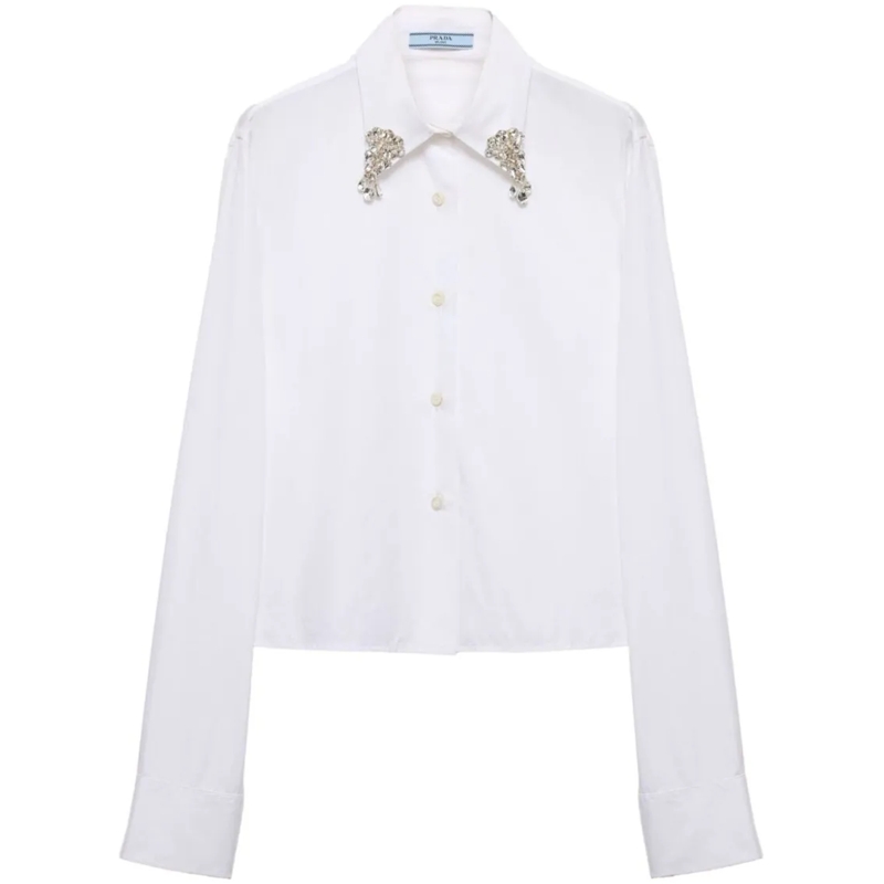Prada Overhemd Crystal-Embellished Poplin Shirt With Triangle Log White