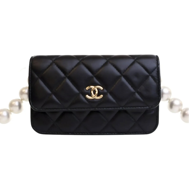 Chanel Schultertasche Quilted Lambskin Maxi Pearls Clutch With Chain schwarz