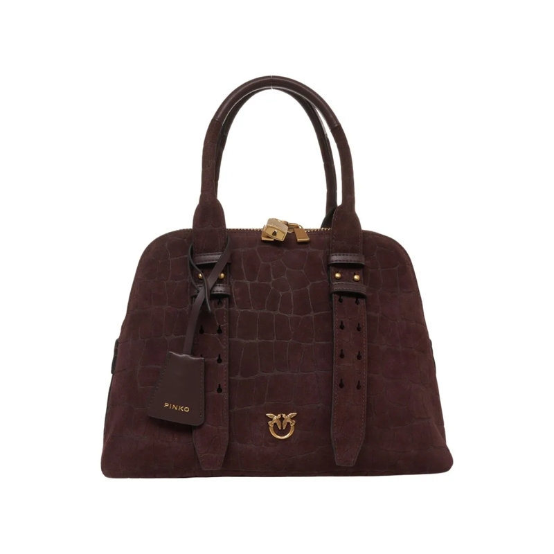 Pinko Fourre-tout Crocodile Embossed Suede Handbag Black