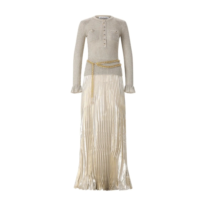 Self Portrait Robe longue Maxikleid im Material-Mix gold