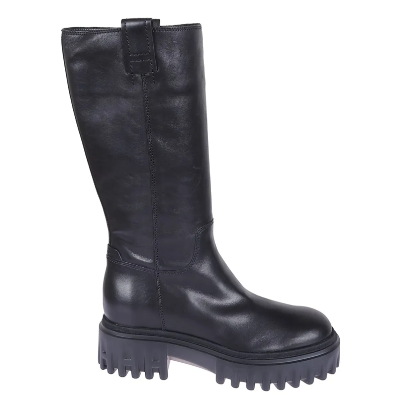 Hogan Bottes Mid-Calf Black Leather Boots With Side Zip Black