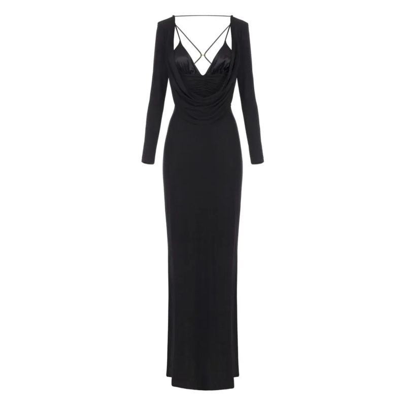 Elisabetta Franchi Robe de soirée Fitted Black Evening Dress With Draped Bodice Black