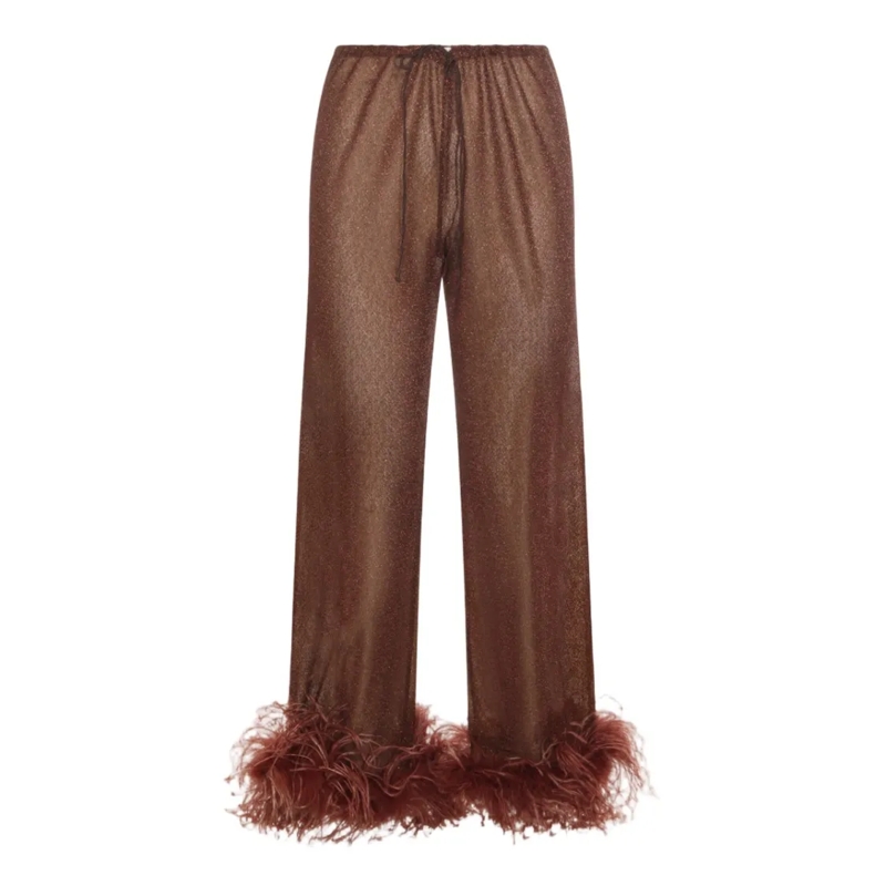 Oséree  Sheer Brown Trousers With Feather Trim Brown