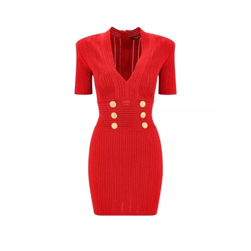 Balmain Knit Dress With Iconic Metal Buttons Red 