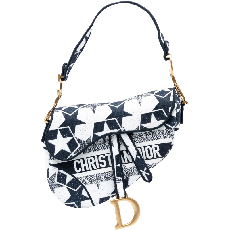 Christian Dior Schultertasche Embroidered Canvas Stars Saddle Bag weiß
