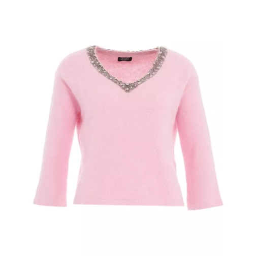 LIU JO Rhinestone Embroidery Pink Knit Sweater Pink Pull