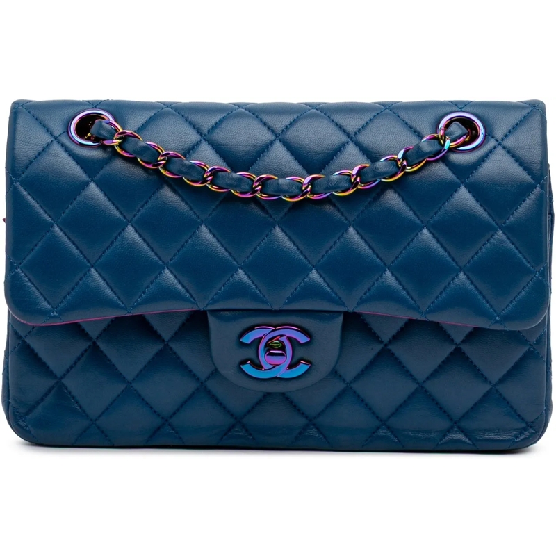 Chanel Schultertasche Small Classic Lambskin Rainbow Double Flap blau