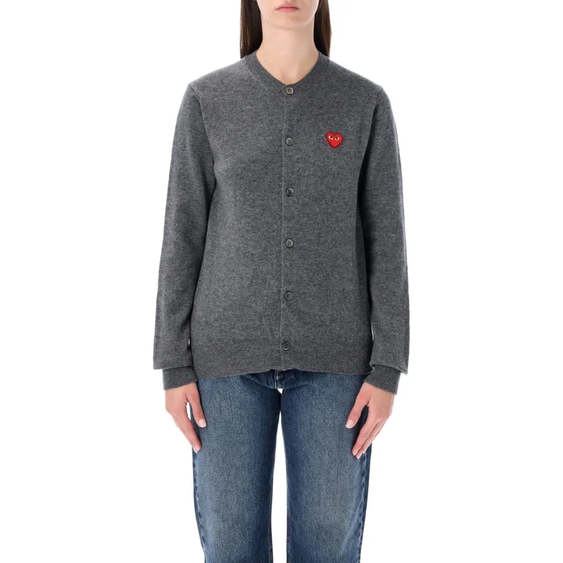 Comme des Garcons Strickjacke Play Wool Cardigan With Red Crystal Heart Grey