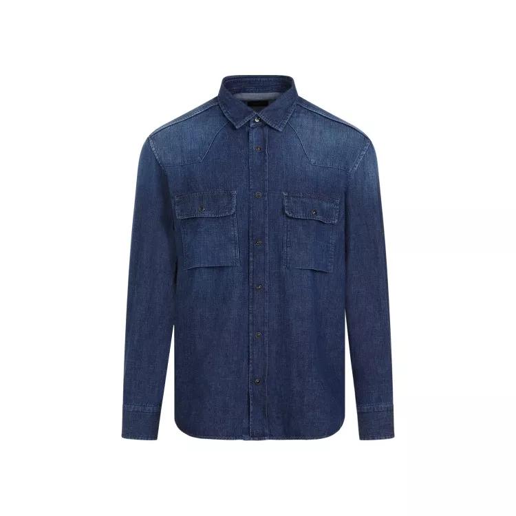 Brioni - Petroleum Bleu Cotton Western Shirt - Größe S - blue