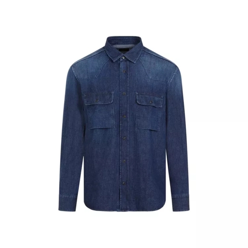 Brioni Petroleum Bleu Cotton Western Shirt Blue 